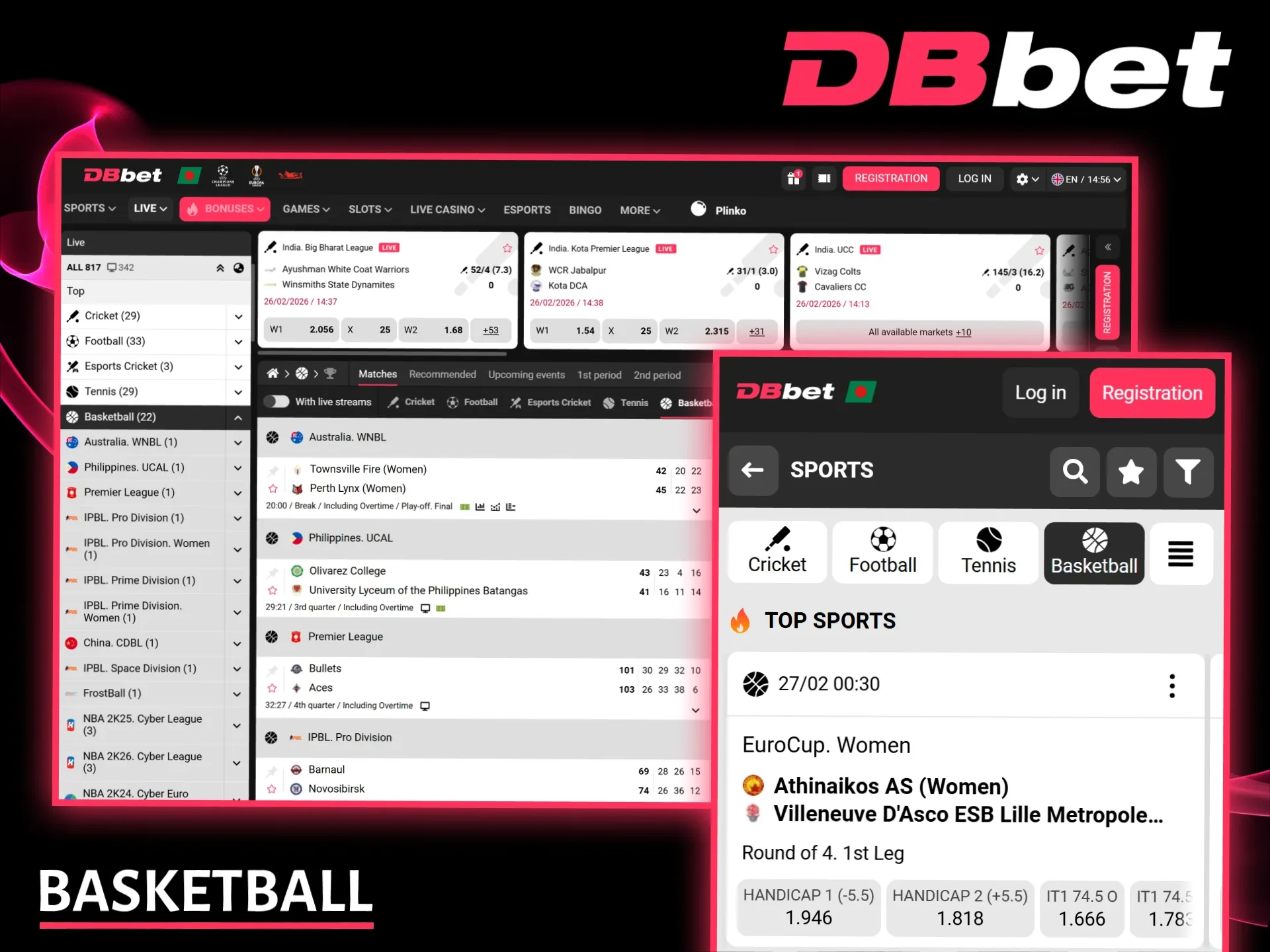 Place bets on your favorite NBA teams and other international basketball tournaments at DBbet.