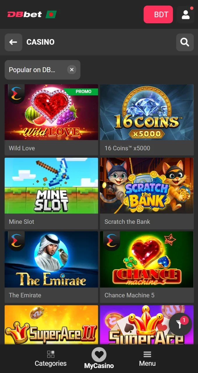 Choose your favorite game from the extensive DBbet casino library.